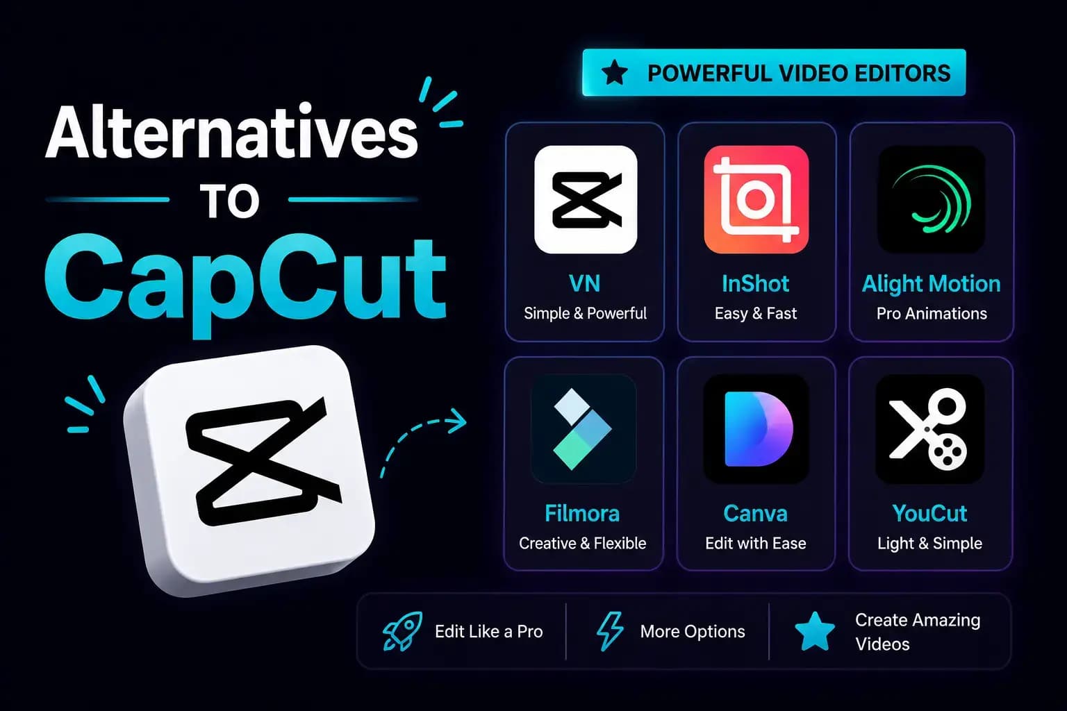 Alternatives to Capcut Alternatives to CapCut — logos of VN, InShot, Alight Motion, Filmora, Canva, and YouCut video editing apps
