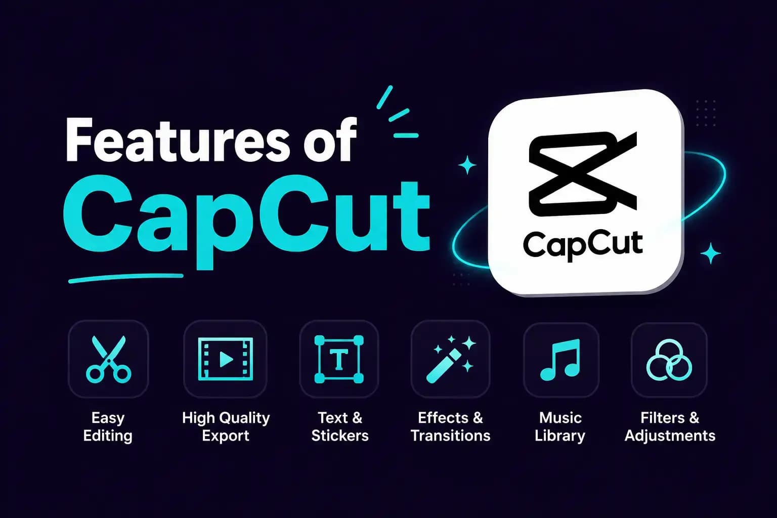 Features of Capcut Features of CapCut — easy editing, high quality export, text and stickers, effects and transitions, music library, and filters icons